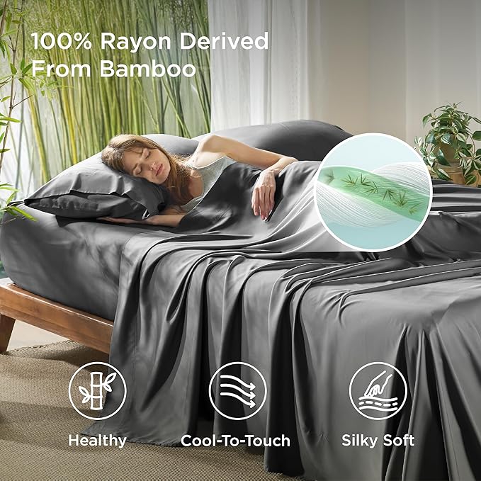 Bedsure Full Size Bed Sheets, Cooling Sheets, Rayon Derived from Bamboo, Breathable & Soft, Deep Pocket Up to 16 Inches, Hotel Luxury Silky Bedding for Hot Sleepers, Grey