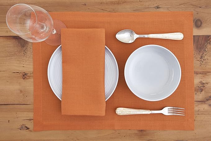 Solino Home Linen Placemats Set of 4 - Pumpkin Placemats 14 x 19 Inch - 100% Pure Linen Table Place Mats for Holiday - Fete