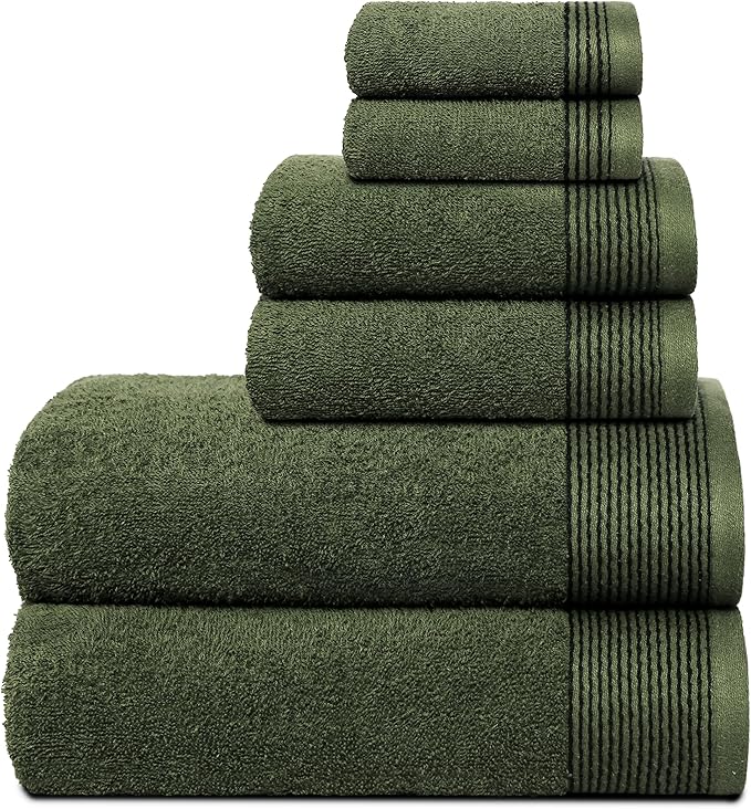 Belizzi Home 100% Cotton Ultra Soft 6 Pack Towel Set, Contains 2 Bath Towels 28x55 inchs, 2 Hand Towels 16x24 inchs & 2 Washcloths 12x12 inchs, Compact Lightweight & Highly Absorbant - Olive Green