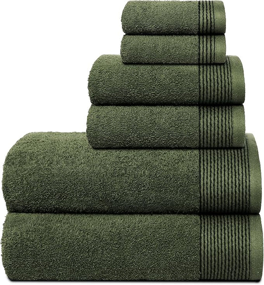 Belizzi Home 100% Cotton Ultra Soft 6 Pack Towel Set, Contains 2 Bath Towels 28x55 inchs, 2 Hand Towels 16x24 inchs & 2 Washcloths 12x12 inchs, Compact Lightweight & Highly Absorbant - Olive Green