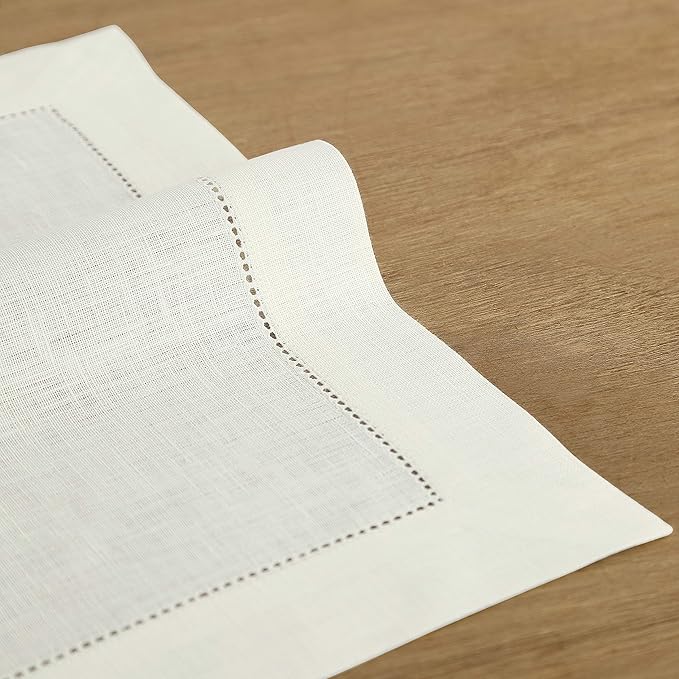 Solino Home Linen Cloth Placemats Set of 6-100% Pure Linen Hemstitch Ivory Placemats 14 x 19 Inch - Classic Hemstitch Table Place Mats for Holiday, New Year