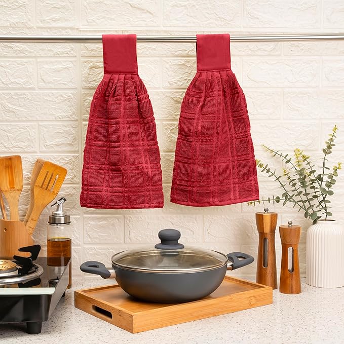 Blue Needles Hanging Kitchen Towels - Red 100% Cotton Solid Kitchen Tie Towel, Set of 2 Hand Dish Cloth with Hanging Loops 9 x 17 Inches, Absorbent, Super Soft, and Fast Drying Home Essential