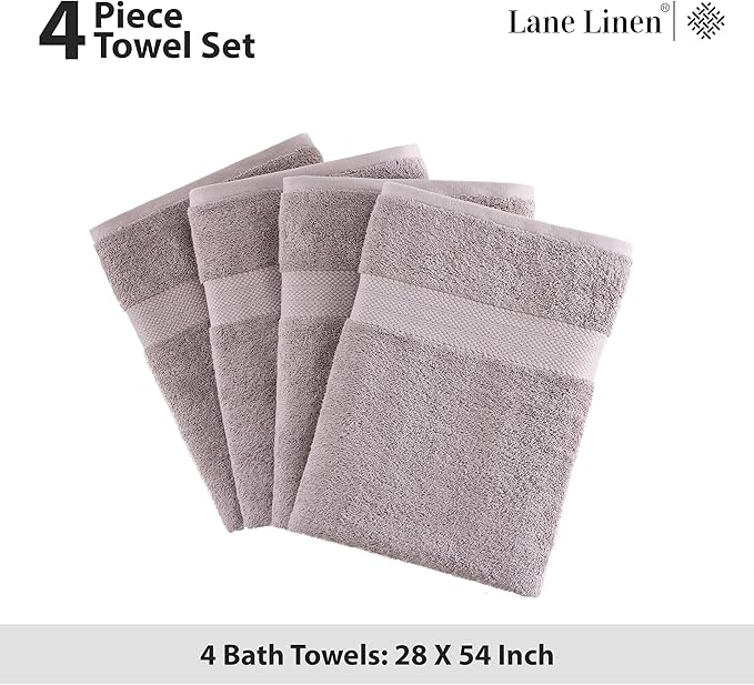 LANE LINEN Bath Towel Set of 4 PC (28"x54") - 100% RingSpun Cotton Bathroom Towel Set - Reinforced Edges, Quick Dry, Very Soft & Absorbent Large Bath Towel - Mininmal Linting after 3 Washes - Platinum