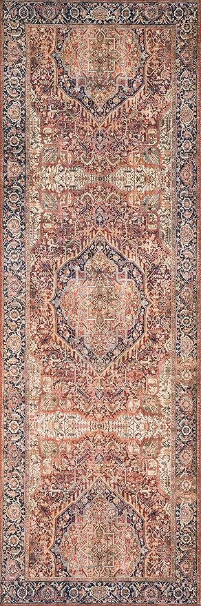 Loloi Layla Collection LAY-08 Red/Navy 2'-6" x 9'-6" .13" Thick Runner Rug, Soft, Durable, Vintage Inspired, Distressed, Low Pile, Non-Shedding, Easy Clean, Printed, Living Room Rug