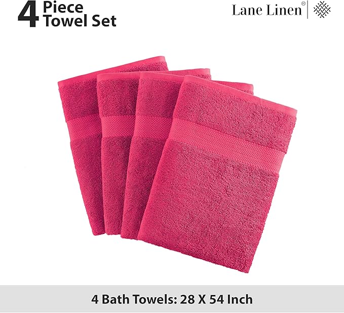 LANE LINEN Luxury 100% Ring Spun Cotton Large Bath Towels Set of 4 (28"x54") - Everyday Bathroom Towel 4 Pack - Quick Dry, Super Soft & Absorbent Large Towels Set - Dorm Essentials for Girls - Fuchsia