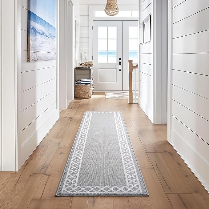 Nautica – Runner Rug | Indoor Runners for Hallways and Entry Rugs| Non-Slip and Non-Skid Entry and Kitchen Door Mat| Machine Washable Entryway Carpet Rugs | 2'6" x 10' | Trellis Light Grey