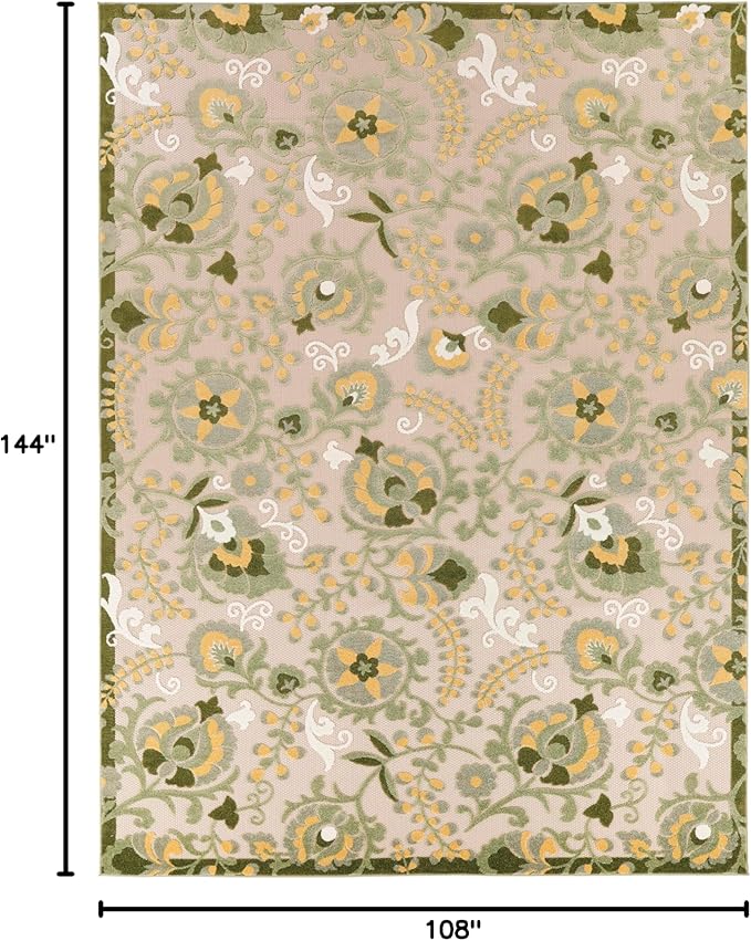 Nourison Home Aloha Ivory Green 9' x 12' Area Rug - Easy Clean, Non Shedding, Bed Room, Living Room, Dining Room, Kitchen (9' x 12')