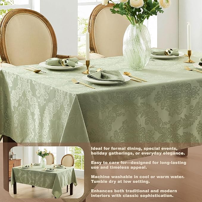 Newbridge Christmas Barcelona Damask Fabric Tablecloth, 60 x 84 Inch Rectangle, Sage Green – No Iron, Soil Resistant Table Cover for Dining, Parties and Holidays