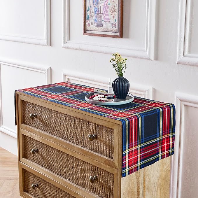Solino Home Linen Plaid Table Runner 48 Inches - 100% Pure Linen Stewart Tartan Plaid Black Short Table Runner 14 x 48 Inch Ideal for Dresser and Coffee Tables