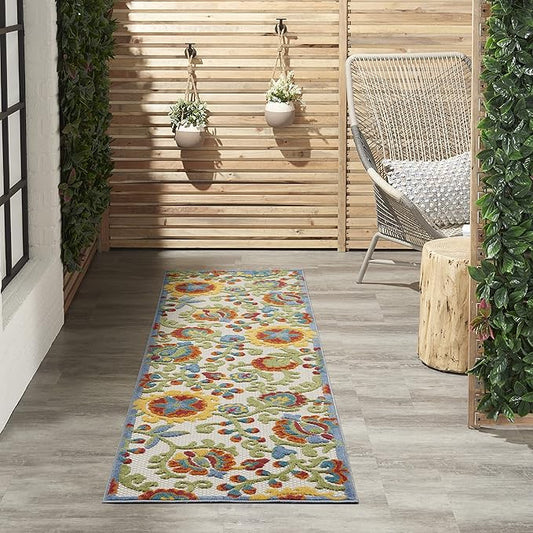 Nourison Aloha Indoor/Outdoor Ivory/Multi 2'3" x 8' Area -rug, Easy -cleaning, Non Shedding, Bed Room, Living Room, Dining Room, Backyard, Deck, Patio (2x8)