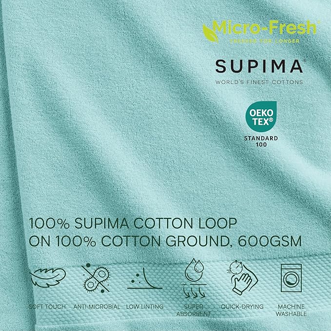 Lacoste Heritage Supima Cotton 6-Piece Towel Set, 2 Bath Towels, 2 Hand Towels, 2 Washcloths, Mint – Highly Absorbent & Quick Drying, Bathroom Essential, Machine Washable