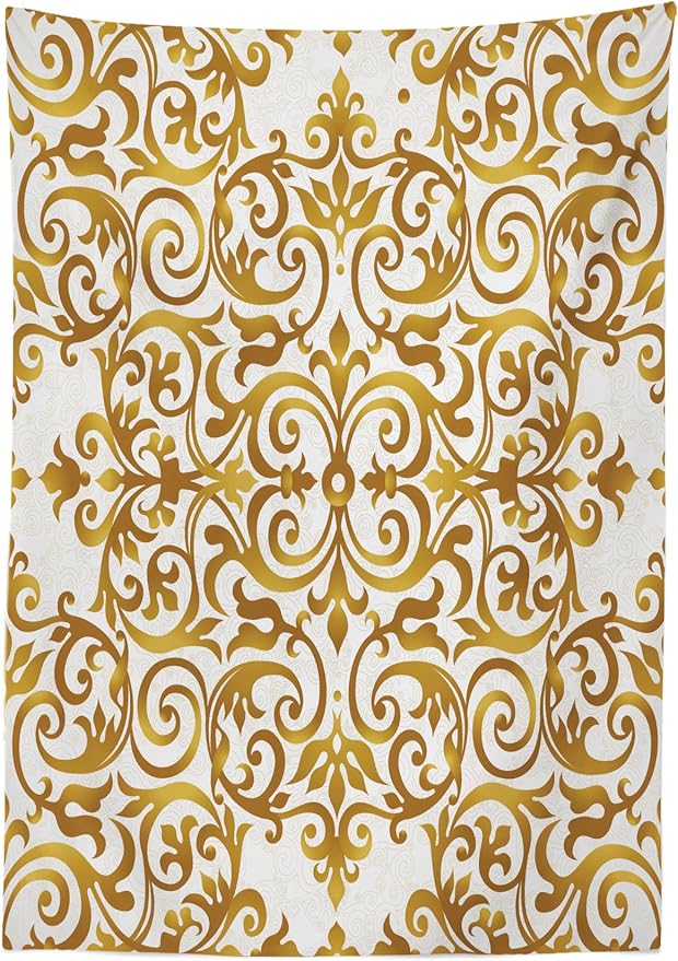 Ambesonne Victorian Tablecloth, Victorian Lace Antique Baroque Pattern Oriental Ottoman Royal Square Pattern, Rectangular Table Cover for Dining Room Kitchen Decor, 60" X 90", White Yellow