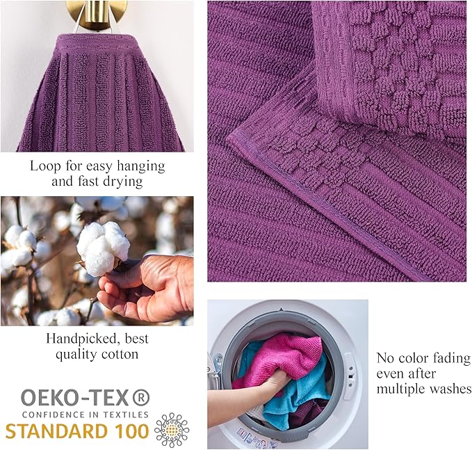 Cotton 6-Piece Solid and Ribbed Towel Set, Face Towels 13” x 13”, Hand Towels 16” x 28”, Bath Towels 27” x 54”, Plum by Superior