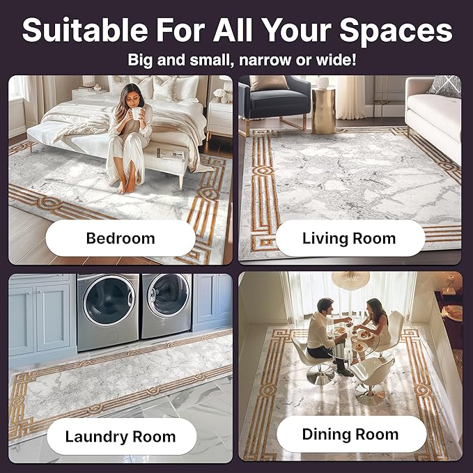 Well Woven Fairmont Collection Huntington Grey Gold & Ivory Marble Border Elegant & Soft 2x7 Runner Rug Perfect for Hallway & Bedroom Durable Stain Resistant & Easy to Clean