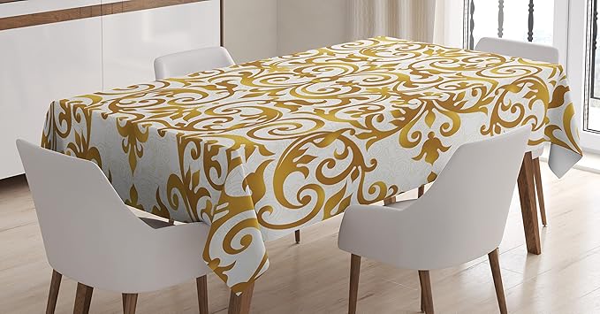 Ambesonne Victorian Tablecloth, Victorian Lace Antique Baroque Pattern Oriental Ottoman Royal Square Pattern, Rectangular Table Cover for Dining Room Kitchen Decor, 60" X 90", White Yellow