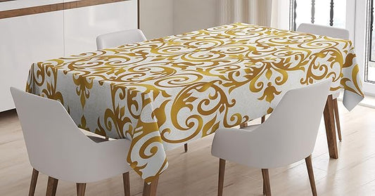 Ambesonne Victorian Tablecloth, Victorian Lace Antique Baroque Pattern Oriental Ottoman Royal Square Pattern, Dining Room Kitchen Rectangular Table Cover, 60" X 84", White Yellow