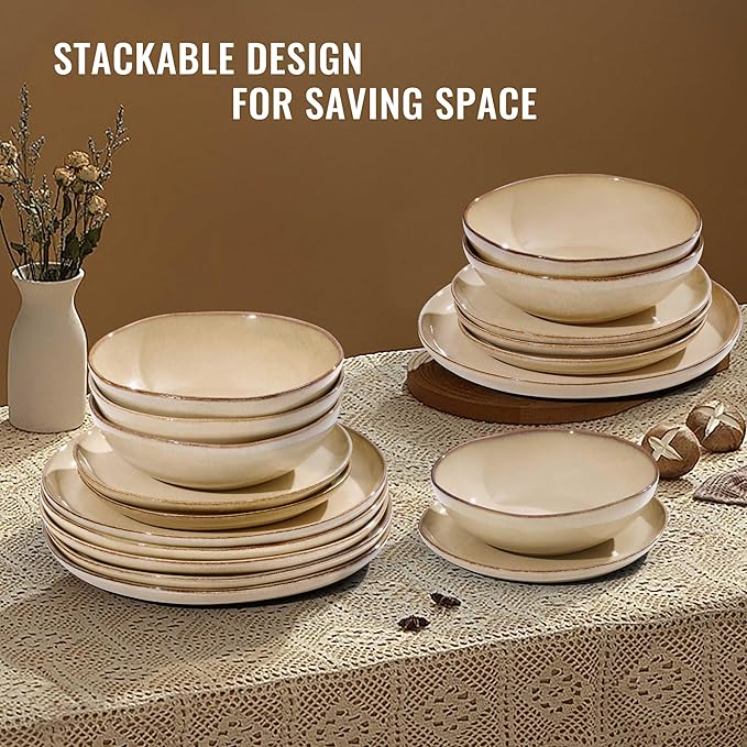 Herogo 12pcs Stoneware Dinnerware Sets for 4, Irregular Handmade Dinner Plates and Bowls, Kitchen Dining Dish Dishware Set, Microwave & Dishwasher Safe, Cream Khaki