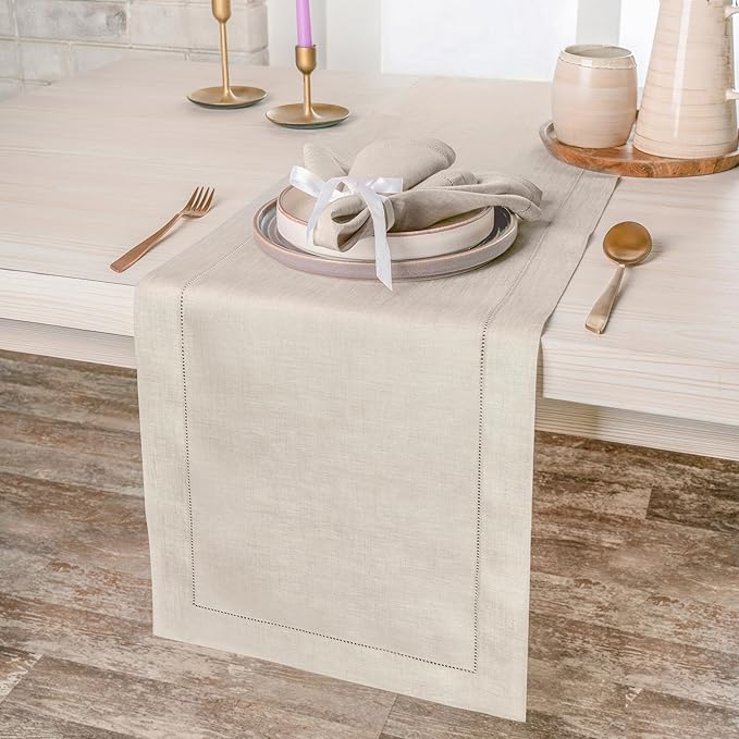 D'Moksha Homes Linen Light Natural Table Runner 36 Inches - 100% Pure Linen Small Table Runner 14 x 36 Inch Ideal for Dresser, Coffee Tables, Winter, Holiday, New Year - Classic Hemstitch