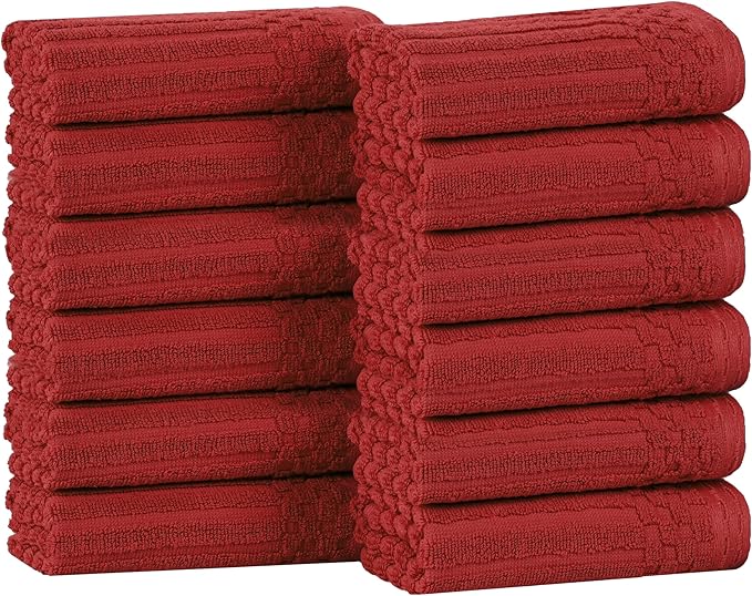 Superior Cotton Face Towel/Washcloth Set of 12, Daily Use for Bathroom, Guest Bath, Quick Dry Small Towels, Face, Hand, Gym, Spa, Hotel, Absorbent, Essentials, Ribbed, Soho Collection, Burgundy
