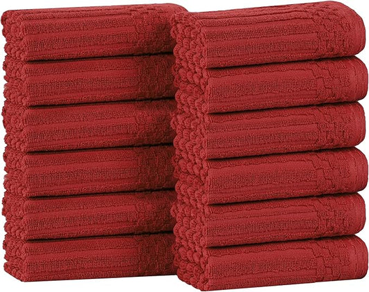 Superior Cotton Face Towel/Washcloth Set of 12, Daily Use for Bathroom, Guest Bath, Quick Dry Small Towels, Face, Hand, Gym, Spa, Hotel, Absorbent, Essentials, Ribbed, Soho Collection, Burgundy