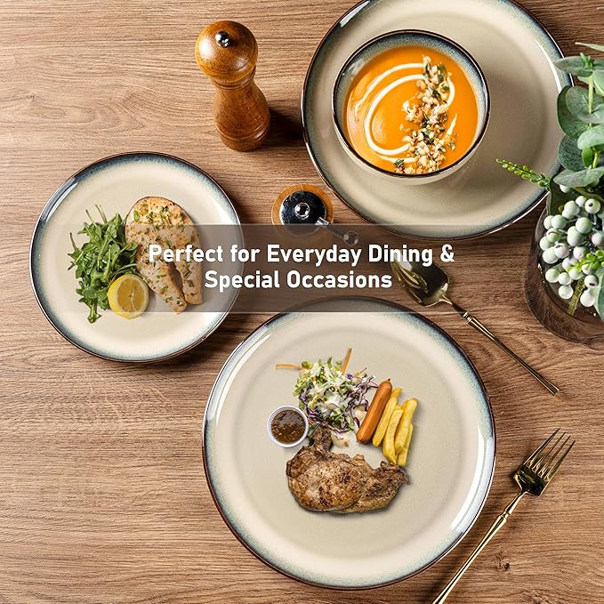 GBHOME Ceramic Dinnerware Sets for 6, 18 Pieces Stoneware Plates and Bowls Sets, Reactive Glaze Dishes -Scratch Resistant, Dishwasher&Microwave Safe,Pale Khaki