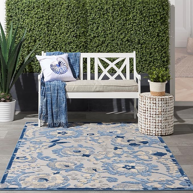 Nourison Home Aloha Blue Grey 6' x 9' Area Rug - Easy Clean, Non Shedding, Bed Room, Living Room, Dining Room, Kitchen (6' x 9')