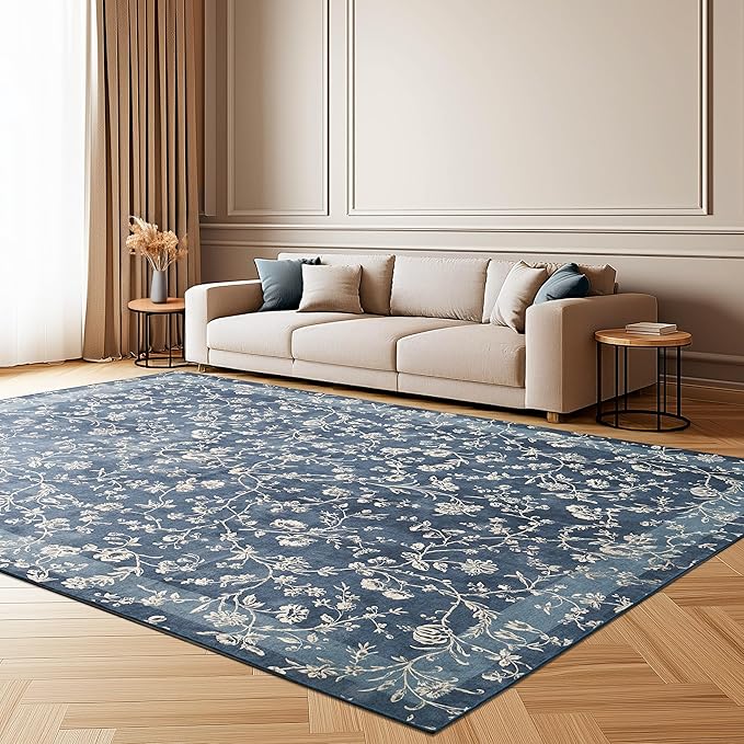 Laura Ashley Dark Navy Aria Floral Border Machine Washable & Slip Resistant 8' x 10' Area Rug