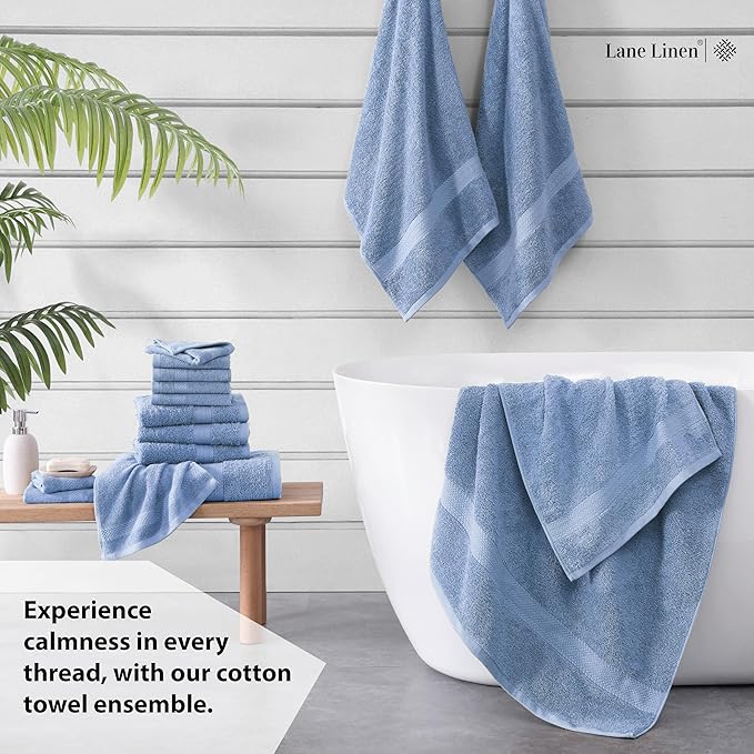 LANE LINEN 100% Cotton Premium Bathroom Towels Set - 16 Pieces - Ring Spun, Quick Dry, Super Soft & Highly Absorbent - 4 Bath, 8 Washcloths, 4 Hand Towels for Bathroom - Pre Shrunk - Cerulean Blue