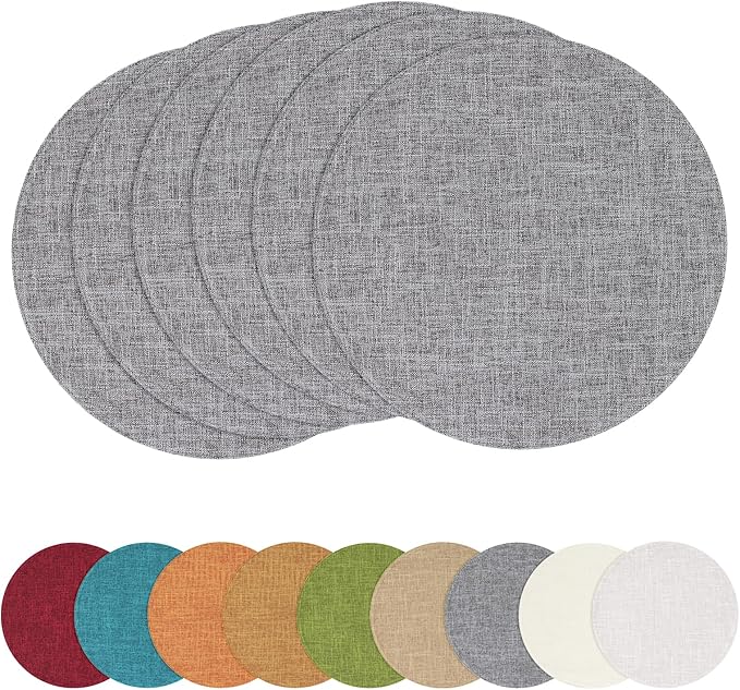 homing 15 Inch Round Cloth Placemats Set of 6, Cotton Linen Blend Washable Table Mats, Farmhouse Dining Place Mats for Indoors & Outdoors, Easy to Clean, Dark Grey