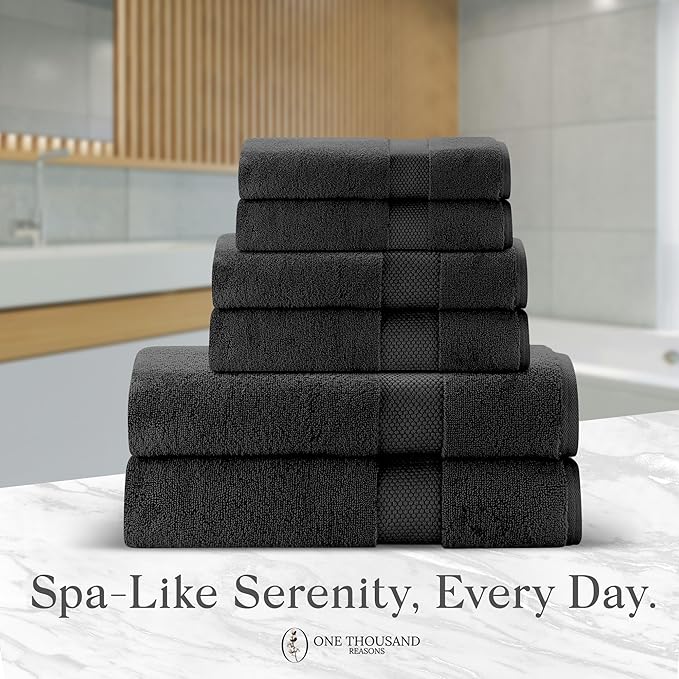 Premium Staple Cotton Bathroom Towel Set - Black 600 GSM 6-Piece Luxury Bath Towel Set 1 Stripe - 2 Bath Towels, 2 Hand Towels & 2 Washclothes Set - High Absorbent & Quick Dry for Gym, Spa, Hotel