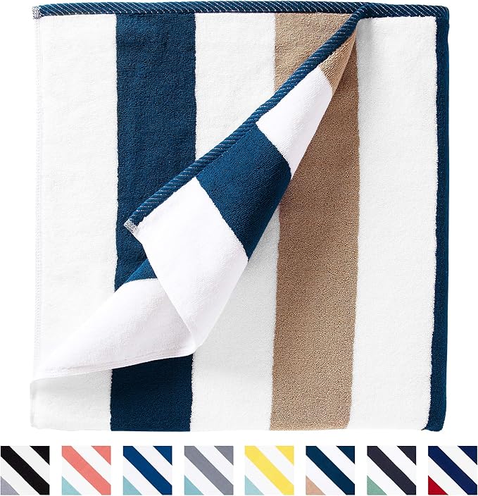 Laguna Beach Textile Co. Striped Cabana Beach Towel - Oversized, Plush 630 GSM Cotton - Ocean Blue and Almond Beige