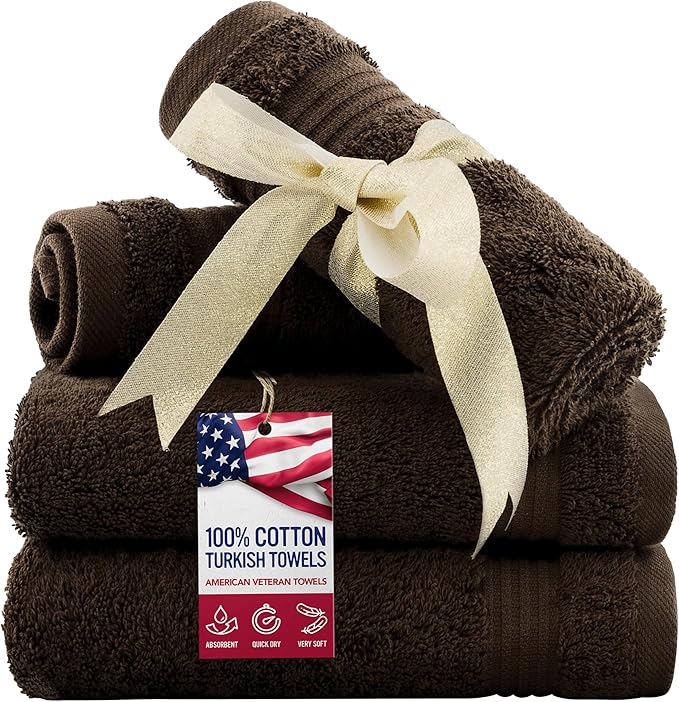 American Veteran Towel, 100% Cotton Turkish Washcloths for Bathroom Essentials 4 Pack, Soft Absorbent Wash Cloths Quick Drying Small Towels Washrags, Brown