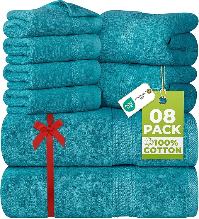 Utopia Towels 8 Piece Luxury Towel Set – Majestic Plush, Super Absorbent & Quicker-to-Dry, Thick 100% Ring Spun Cotton Towels for Bathroom, Spa & Hotel – 2 Bath, 2 Hand, 4 Washcloths,Teal