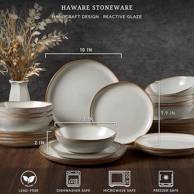 HaWare Plates and Bowls Set, Stoneware Dinnerware Sets, 18-Piece Hand-painted Dishware for 6, Scratch Resistant Ceramic Dinner Set for Home Kitchen, Microwave and Dishwasher Safe, Reactive Pearl White