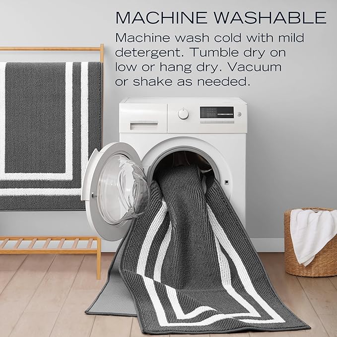 Nautica – Runner Rug 2 Piece Set | Indoor Runners for Hallways and Entry Rugs| Non-Skid Entry and Kitchen Door Mat| Machine Washable Carpet Rugs | 2'2" x 3'9" and 2'2" x 5' | Double Border Dark Grey