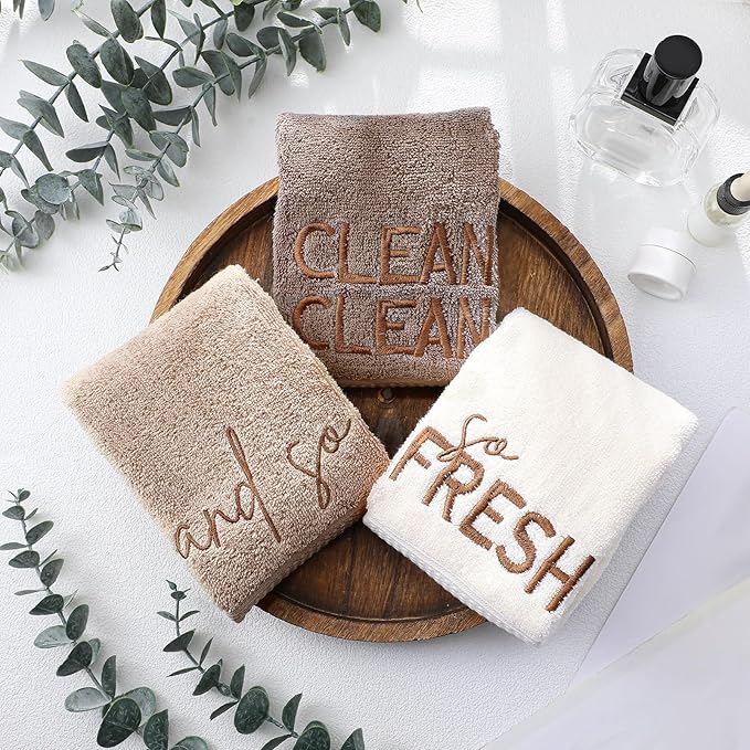 3 Pcs So Fresh and So Clean Clean Farmhouse Decorative Hand Towels for Bathroom and Kitchen Rustic Embroidered 100% Cotton Hand Towels Decorative Set for Boho Bathroom Decor