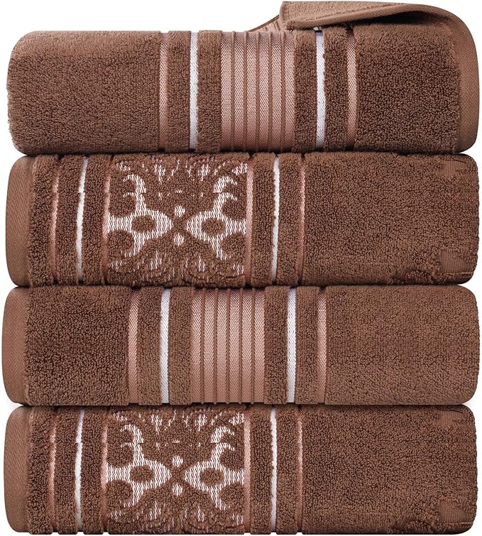 Superior Cotton Bath Towel Set, Large Plush Absorbent Body Towels, Luxury Soft Quick Drying, Shower, Spa, Hotel, Pool, Guest Bathroom, Home Essentials, Zero Twist, Assorted Design, Set of 4, Chocolate