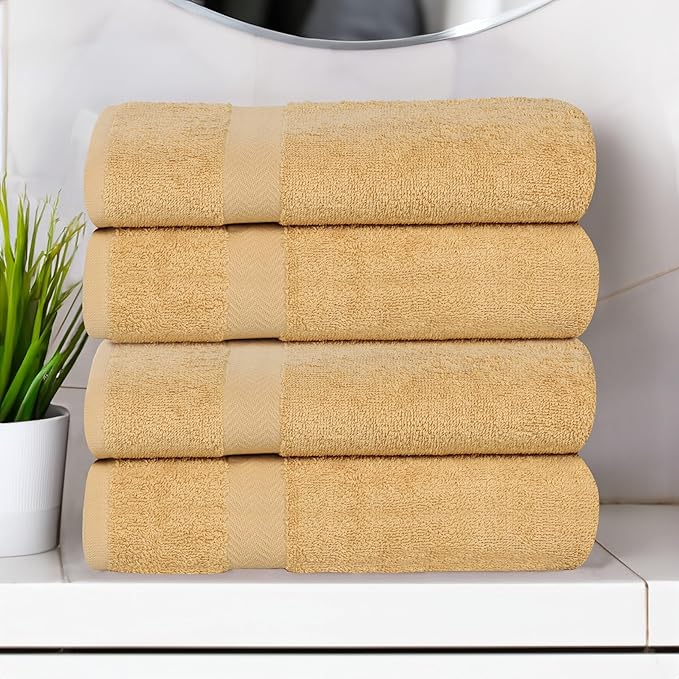 Superior 4-Piece Cotton Bath Towel Set, Towels for Adults, Kids, Fast Drying Body Towels, Shower, Bath, Pool, Guest/Master Bathroom Essentials, Dorm, Home, Apartment, Franklin Collection, Gold