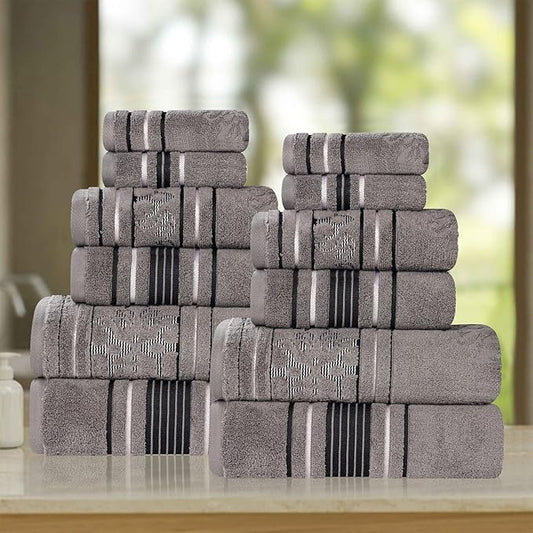 Superior Cotton 12 Piece Assorted Floral Towel Set, Includes 4 Bath, 4 Hand, 4 Washcloth/Face Towels, Quick Dry, Home Essentials, Shower, Spa, Luxury Plush Soft Absorbent Towels, Zero Twist, Charcoal