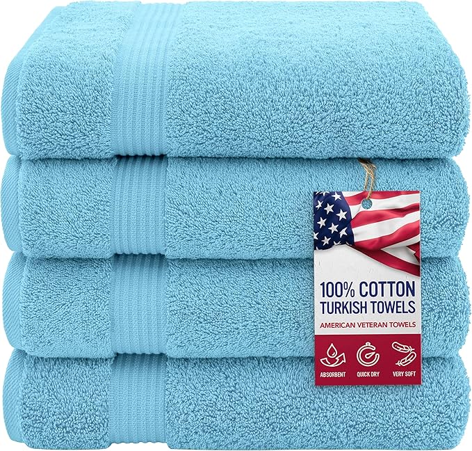American Veteran Towel, 100% Cotton Turkish Bath Towels for Bathroom 4 Pack, 27x54 Extra Large Premium Soft Drying Bathroom Towels, Sky Blue