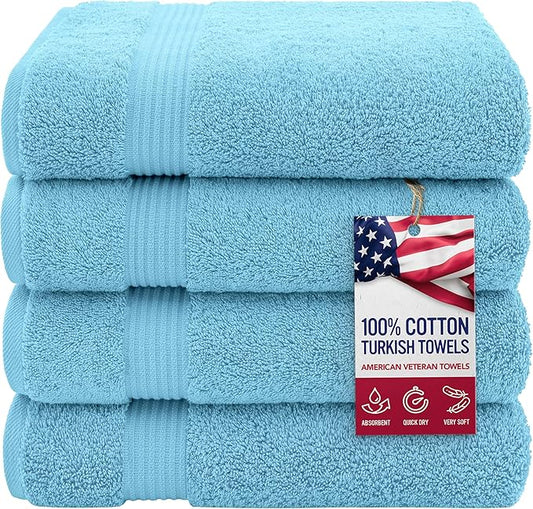 American Veteran Towel, 100% Cotton Turkish Bath Towels for Bathroom 4 Pack, 27x54 Extra Large Premium Soft Drying Bathroom Towels, Sky Blue