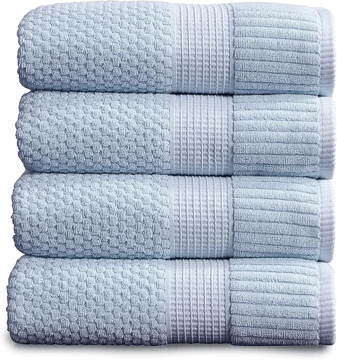 NY Loft 100% Cotton Bath Towel 4 Pack | Super Soft & Absorbent Quick-Dry Bath Towels 30" x 52" |Textured and Durable Cotton | Trinity Collection (4 Pack Bath Towel, Chambray Blue)