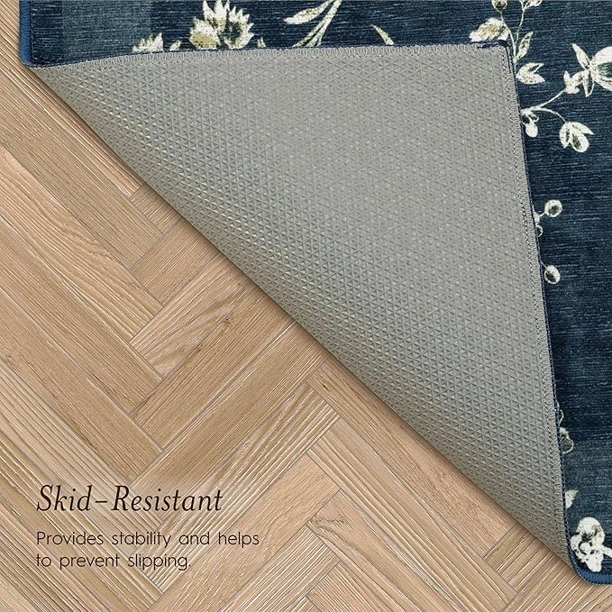 Laura Ashley Dark Navy Aria Floral Border Machine Washable & Slip Resistant 26" x 45" Accent Rug