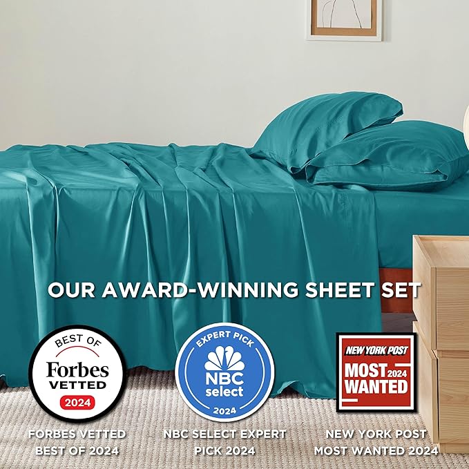 Bedsure Full Size Bed Sheets, Cooling Sheets, Rayon Derived from Bamboo, Breathable & Soft, Deep Pocket Up to 16 Inches, Hotel Luxury Silky Bedding for Hot Sleepers, Turquoise