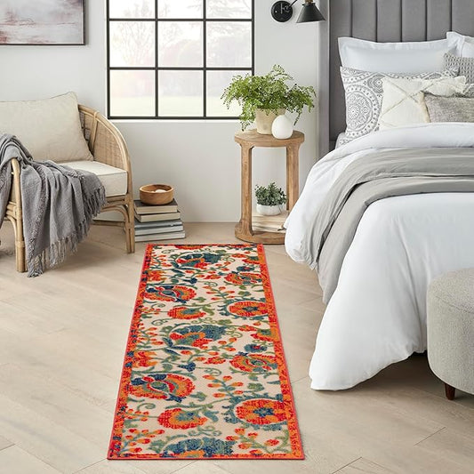 Nourison Home Aloha Red Multicolor 2' x 6' Area Rug - Easy Clean, Non Shedding, Bed Room, Living Room, Dining Room, Kitchen (6' Runner)