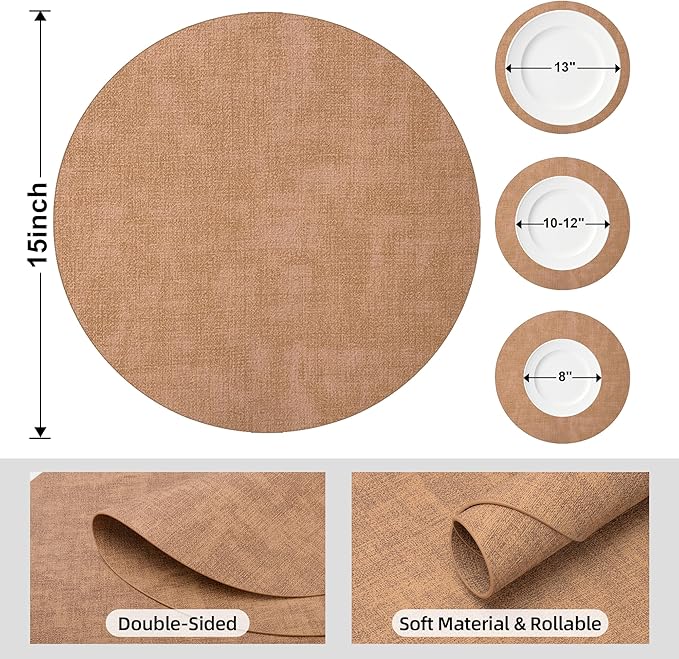 15 inch Faux Leather Round Placemats Set of 4 Non-Slip Washable Wipeable Table Mats, Heat Resistant Waterproof Oilproof Brown Place Mats for Kitchen, Dining, Party, Indoor, Outdoor