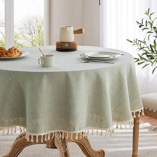 Linen Tablecloth with Tassels, Farmhouse Style Green Tablecloth, Water Resistant Burlap Tablecloths for Round Table, 52 Inch Round Green