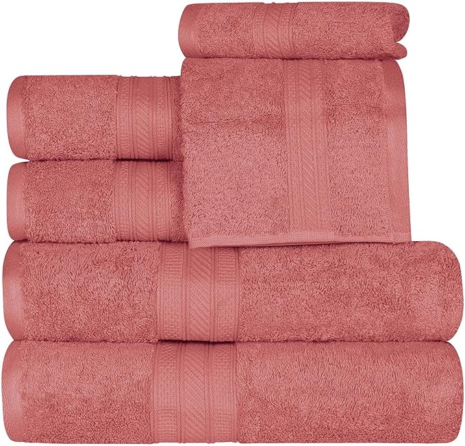 Superior 700 GSM Long Staple 100% Combed Cotton, Durable, Plush and Absorbent 6-Piece Single Ply Towel Set - Blush