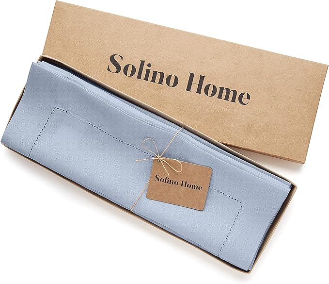 Solino Home Linen Placemats Set of 4 - Classic Hemstitch Sky Blue Placemats 14 x 19 Inch - 100% Pure Linen Table Mats for Holiday, New Year