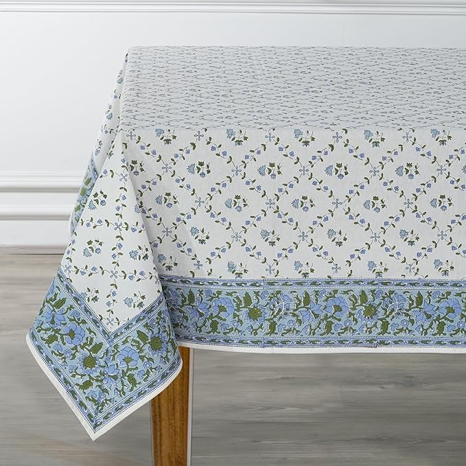 Ridhi Powder Blue Hand Block Print Cotton Rectangle Tablecloth 140" x 72" inches Reusable Table Cover Decorative Everyday Use for Dining, Farmhouse, Home, Party, Festive, Wedding, Fall